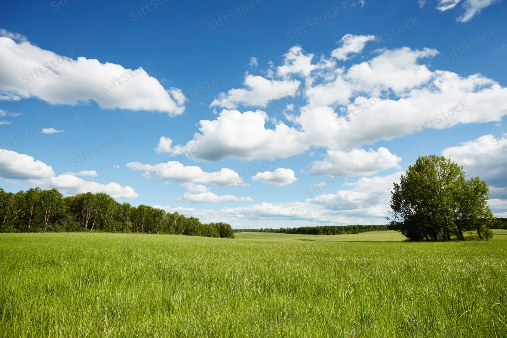 Sunlit meadow with lush green grass and scattered trees under a blue sky with white clouds