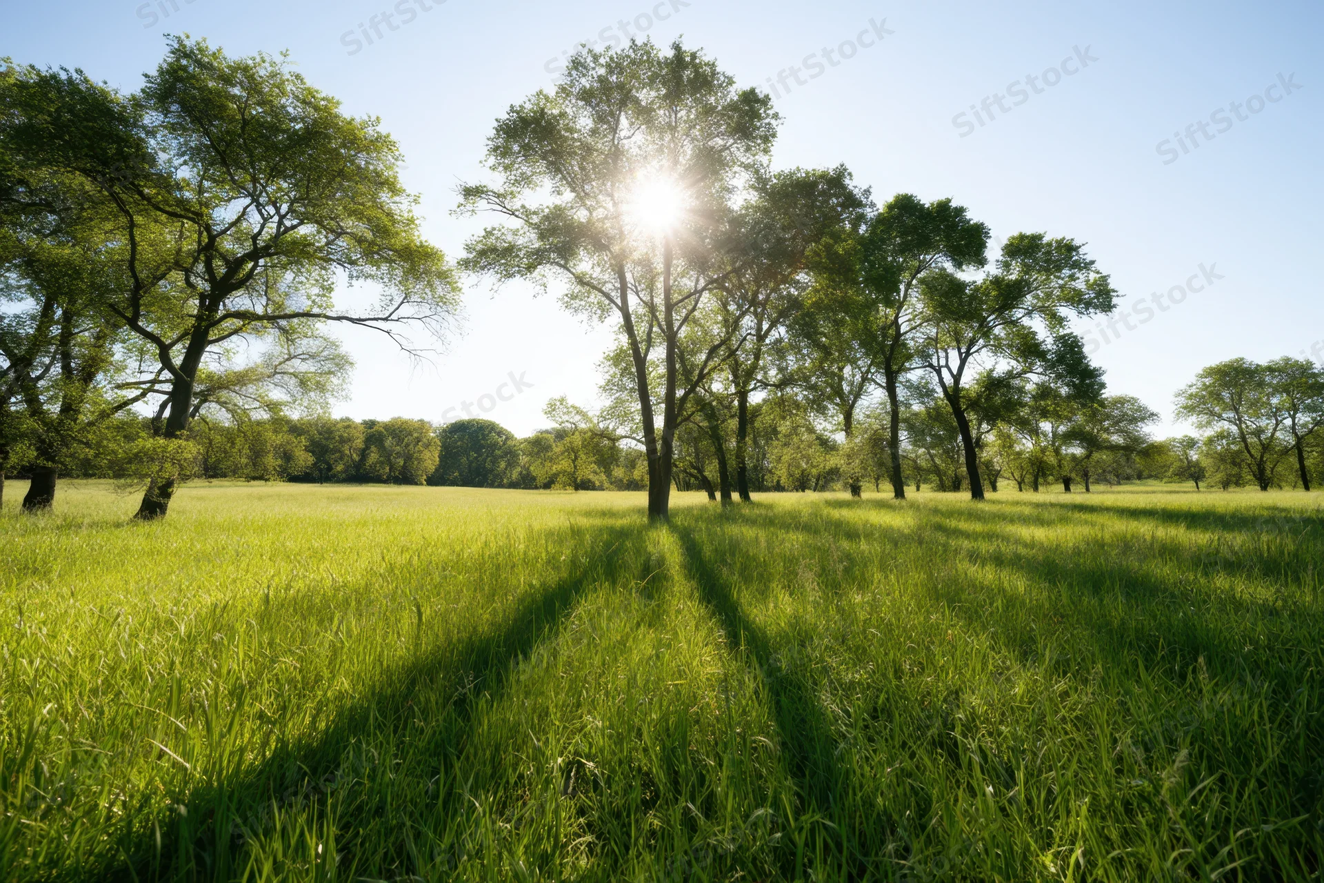 Sunlit meadow with tall green grass and scattered trees under clear sky
