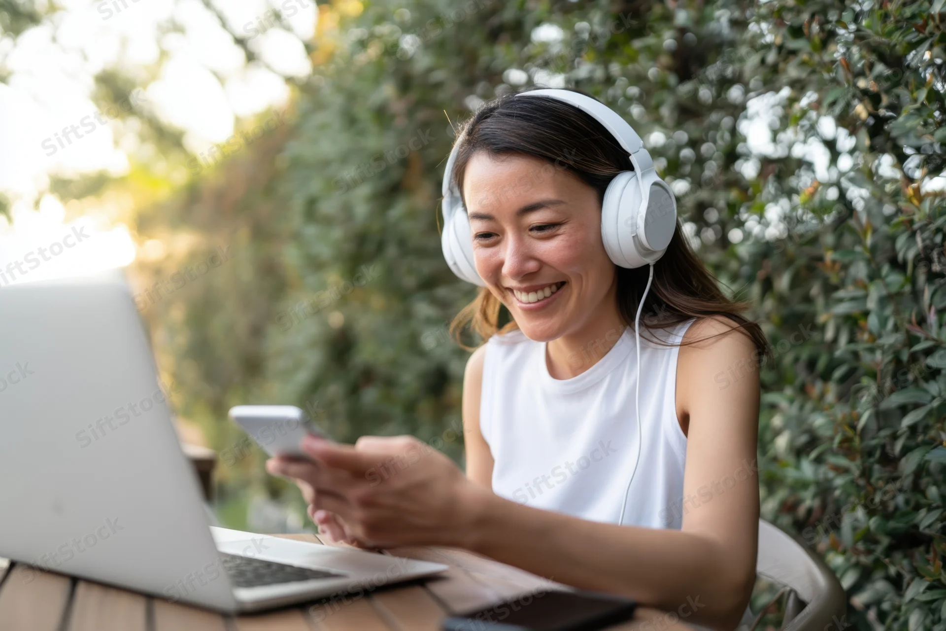 Woman smiling while using smartphone and laptop with headphones at outdoor table in garden
