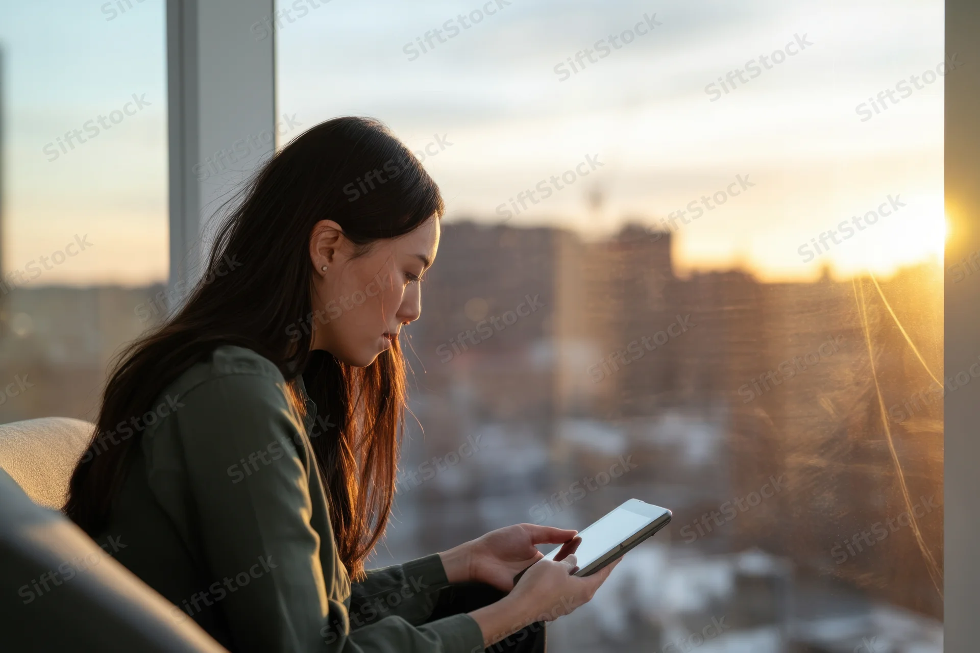 Woman sitting by window using smartphone during sunset overlooking snowy cityscape