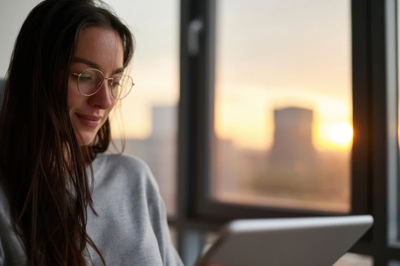 Woman using tablet by window at sunset in urban apartment