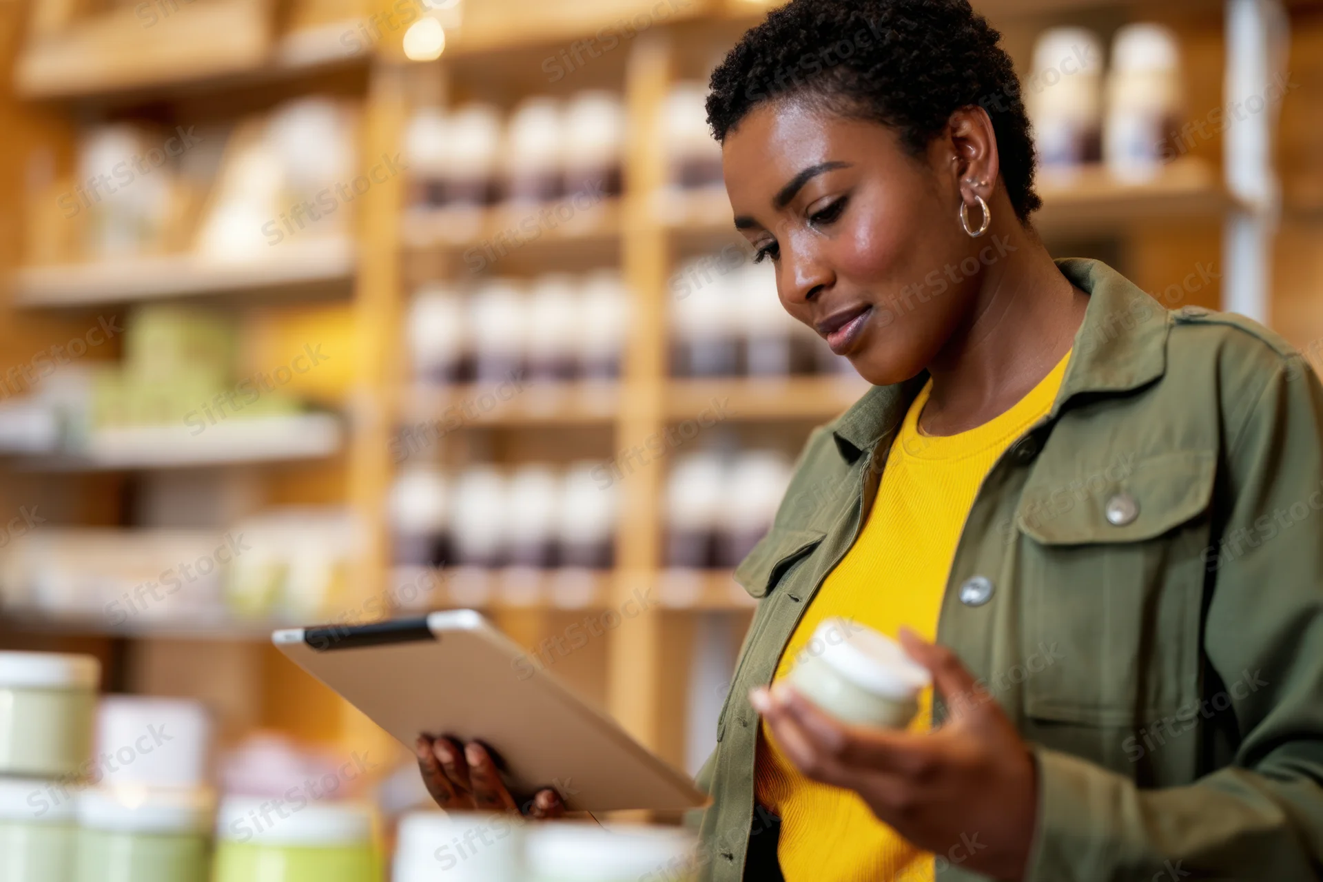 Young woman using tablet to check skincare product inventory in store