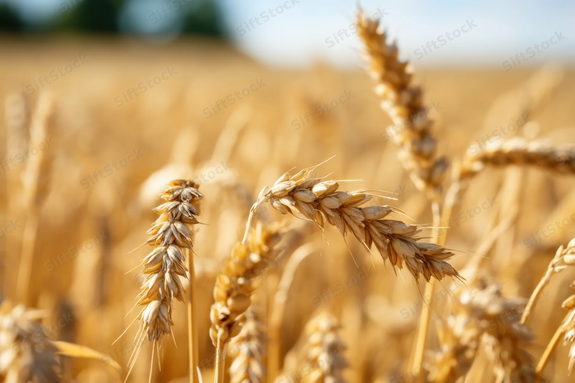 Closeup of golden wheat heads in a sunlit field