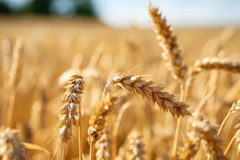 Closeup of golden wheat heads in a sunlit field