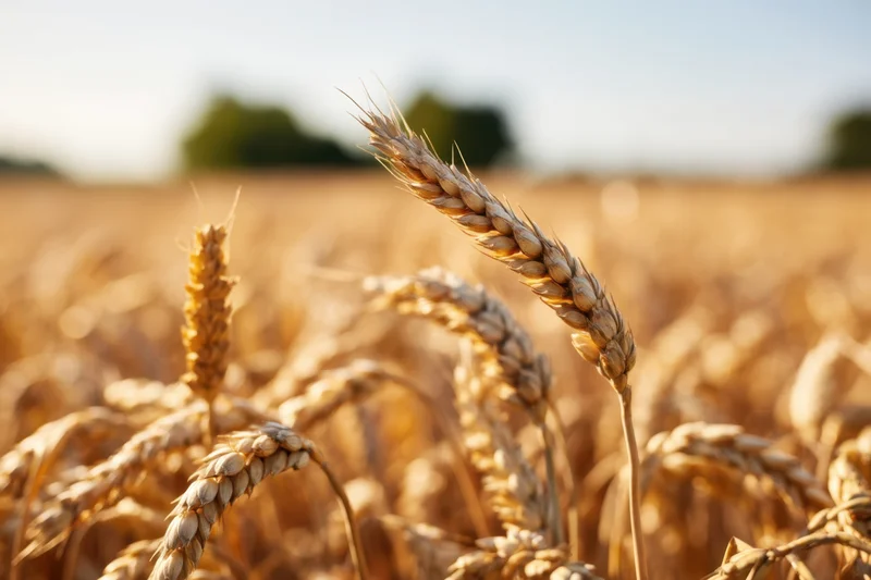 Closeup of golden wheat heads in a sunlit field