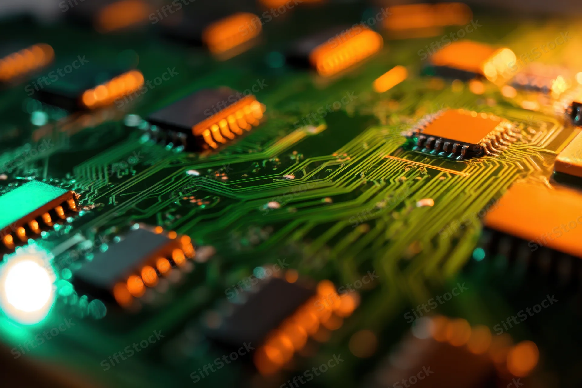Closeup of a green circuit board with glowing orange and green components and intricate wiring