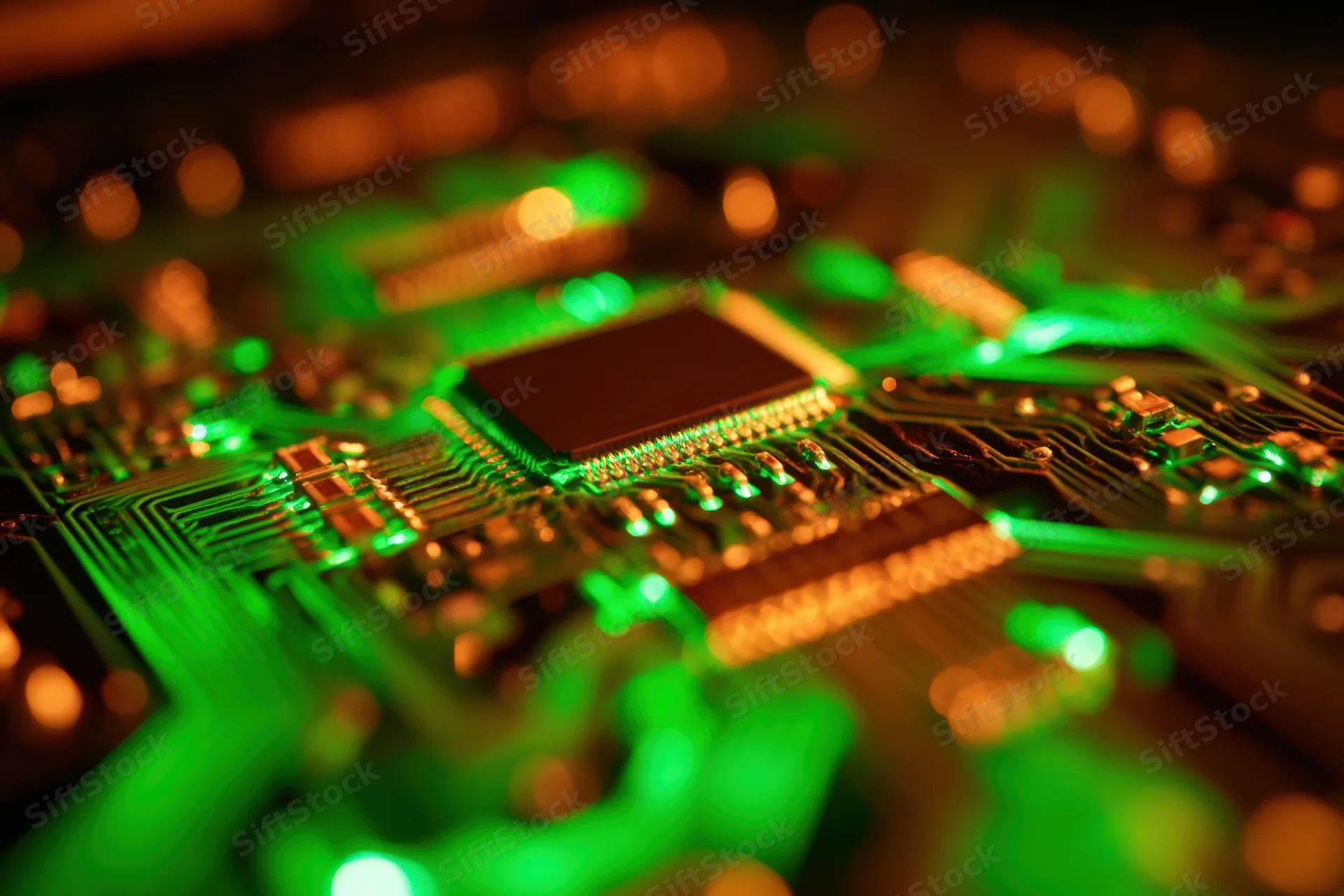Closeup of a glowing circuit board with green and orange lights in a dark environment