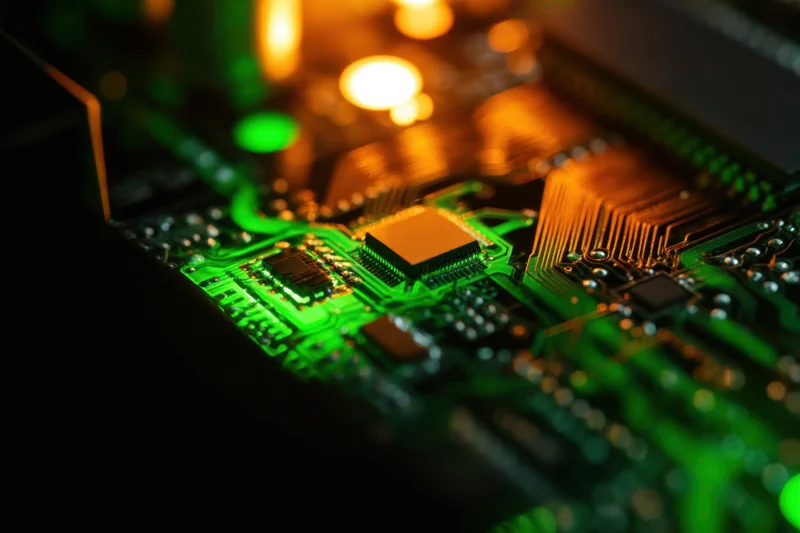 Closeup of a glowing green and orange circuit board with microchips and connectors