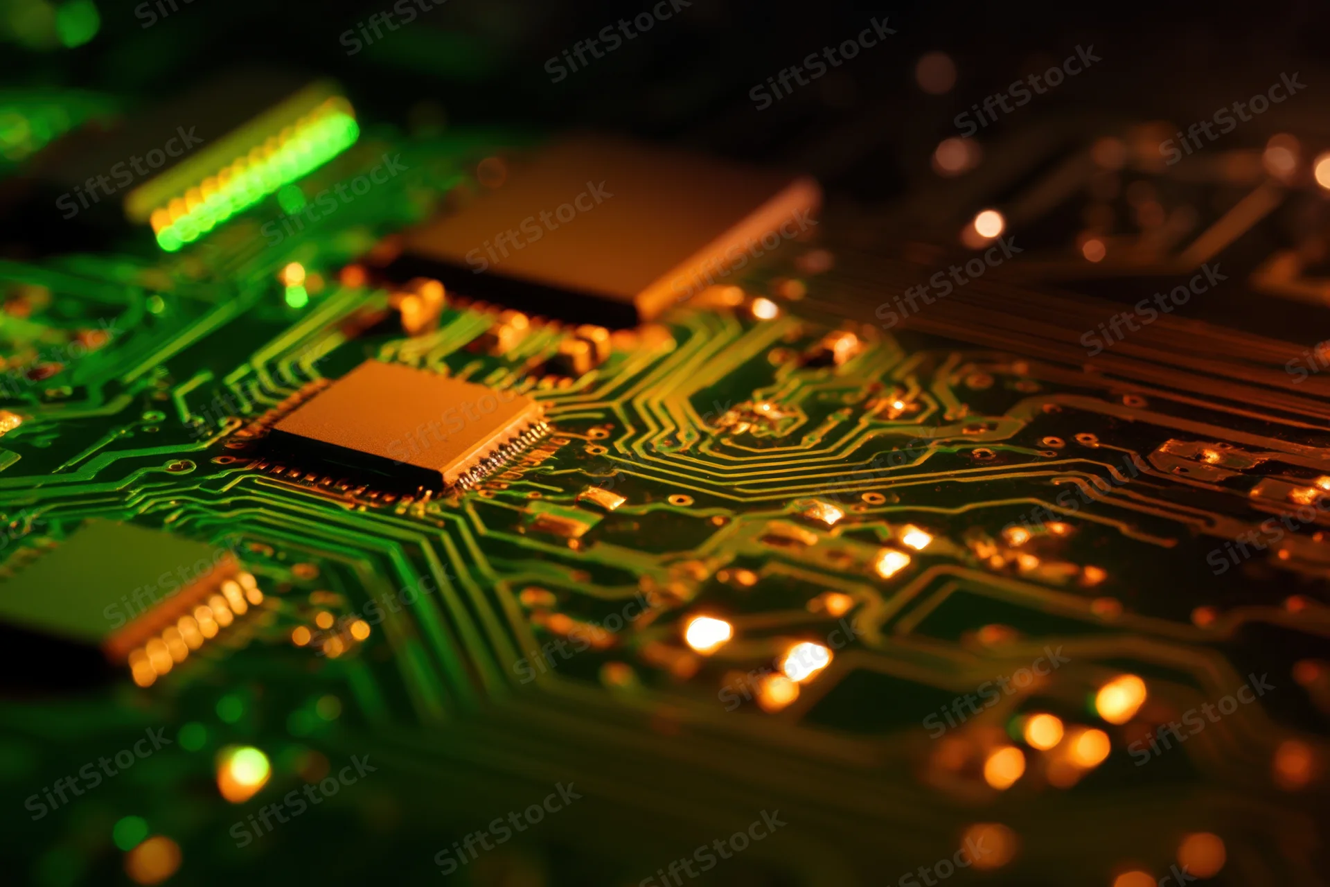 Closeup of a circuit board with glowing green and orange lights showing intricate electronic components and connections