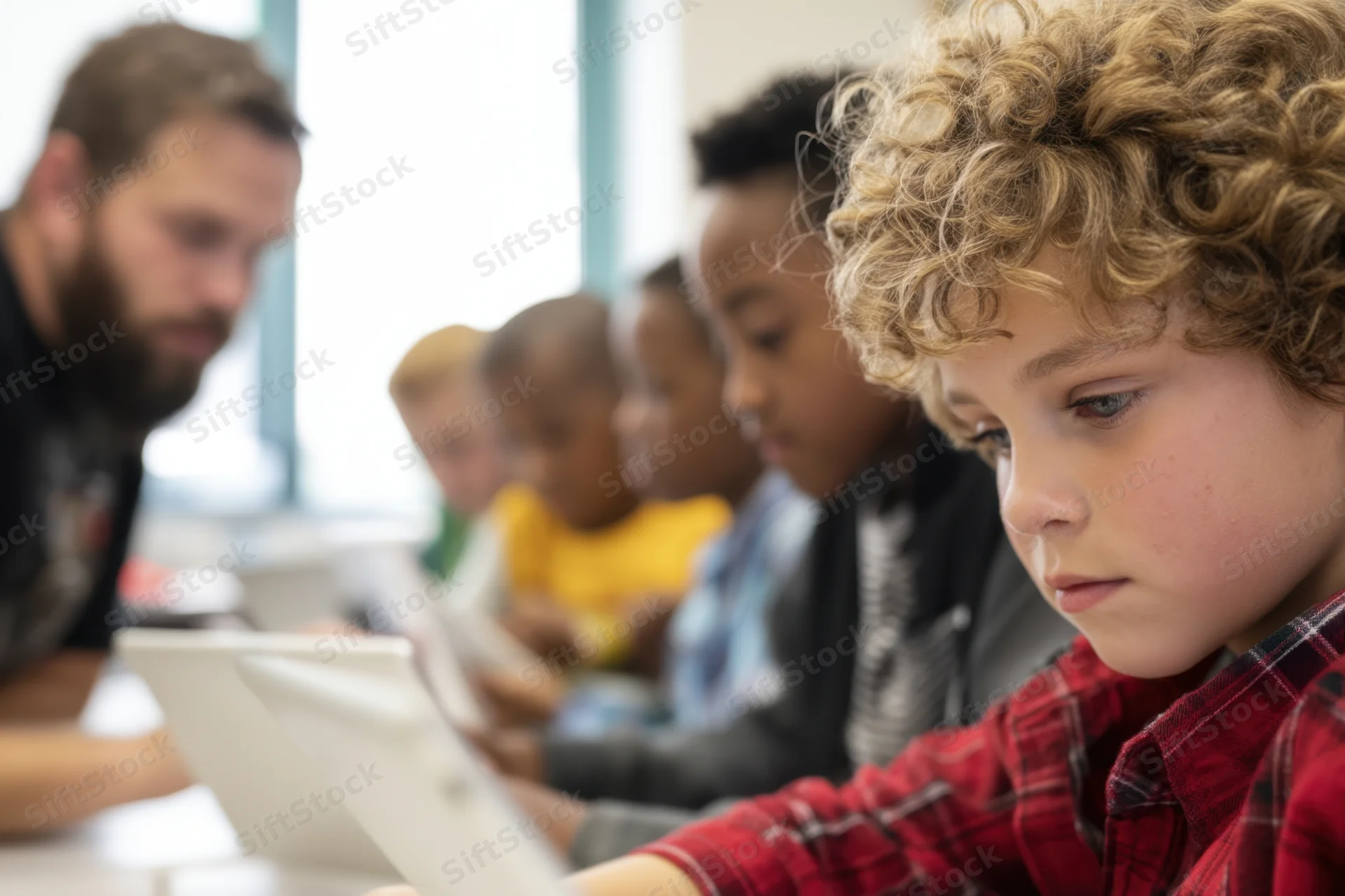 Children and teacher using tablets in a classroom setting