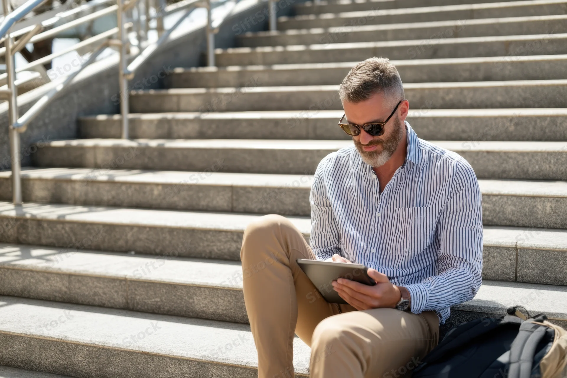 Man sitting on outdoor steps using tablet while wearing sunglasses and striped shirt
