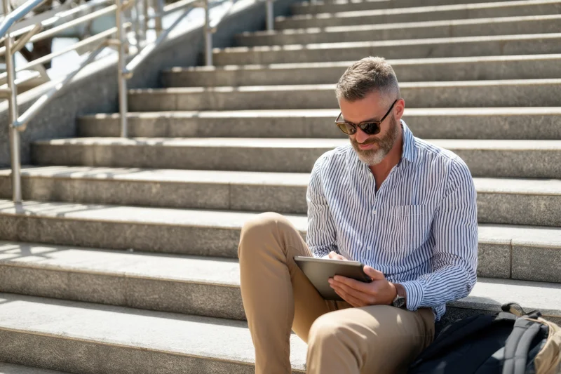 Man sitting on outdoor steps using tablet while wearing sunglasses and striped shirt