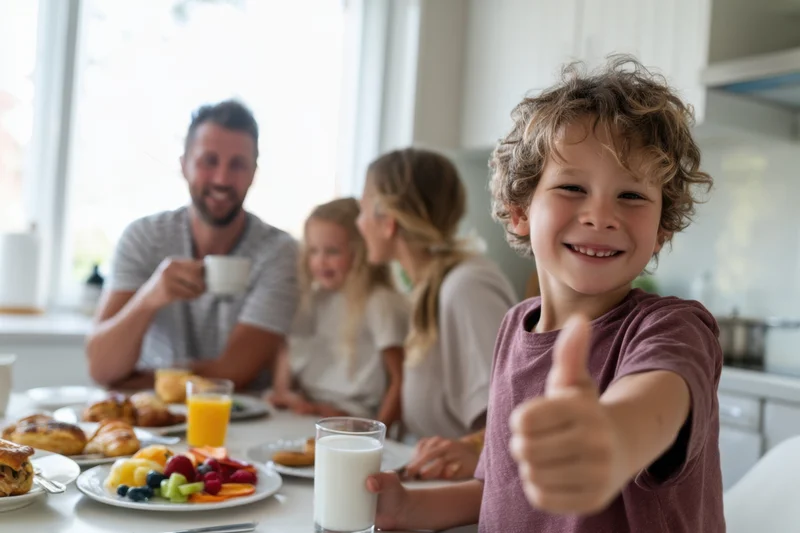 Smiling boy giving thumbs up at breakfast table with family in kitchen