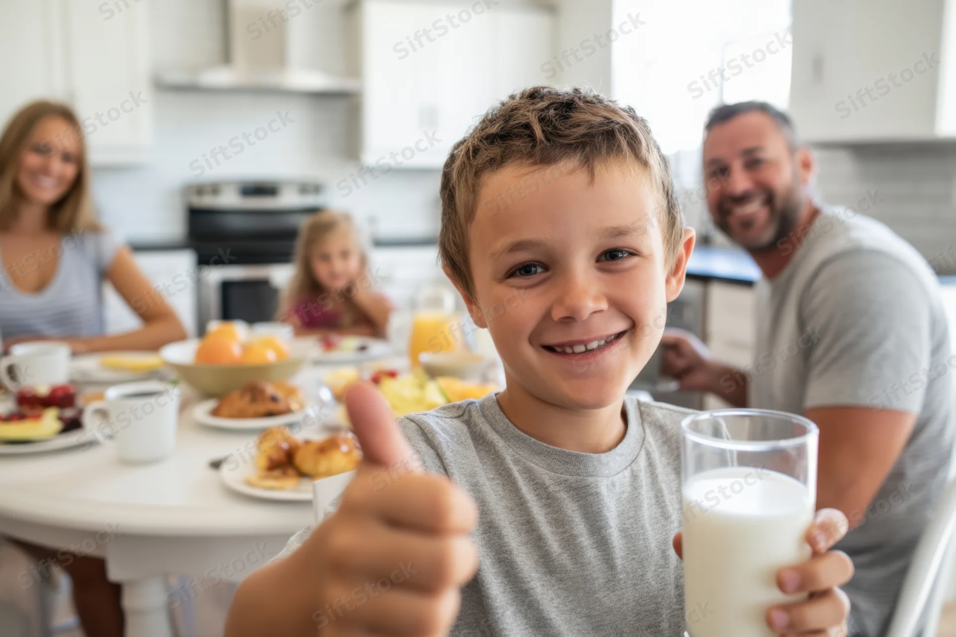 Smiling boy giving thumbs up while holding a glass of milk at breakfast table with family in kitchen