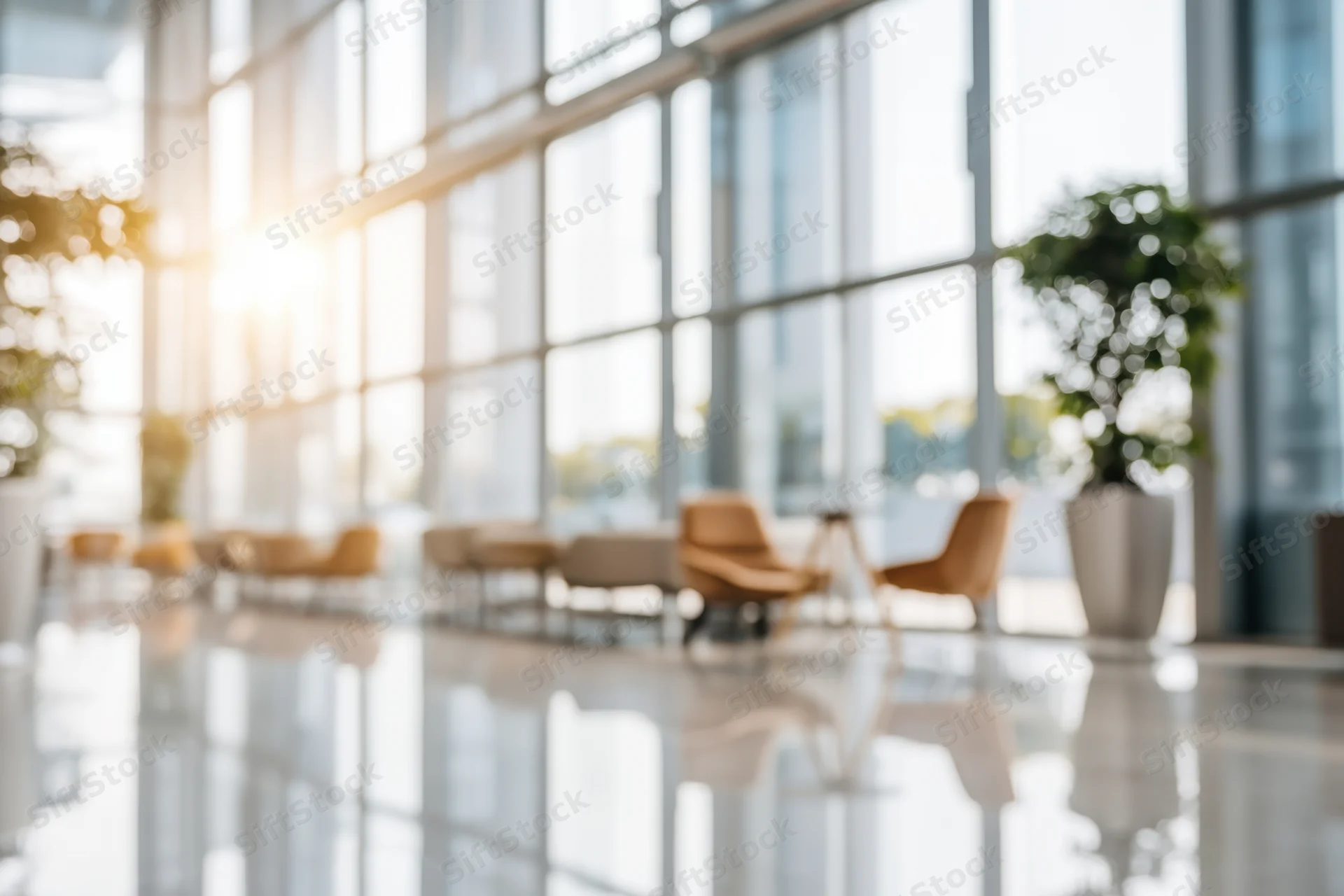 Modern office lobby with floor-to-ceiling glass walls and sunlight streaming through, featuring blurred seating and potted plants