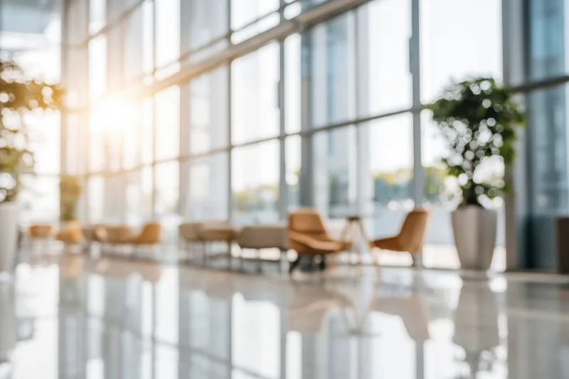 Modern office lobby with floor-to-ceiling glass walls and sunlight streaming through, featuring blurred seating and potted plants