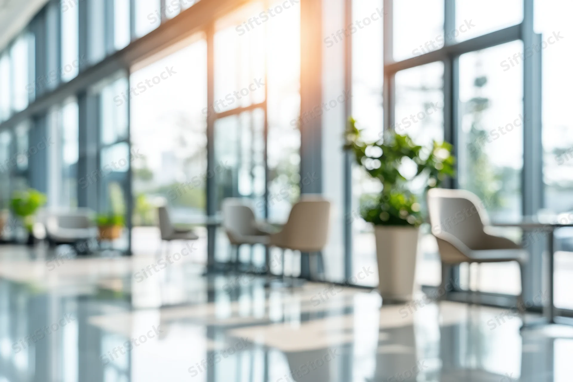 Modern office lobby with floor-to-ceiling glass walls and minimalist furniture