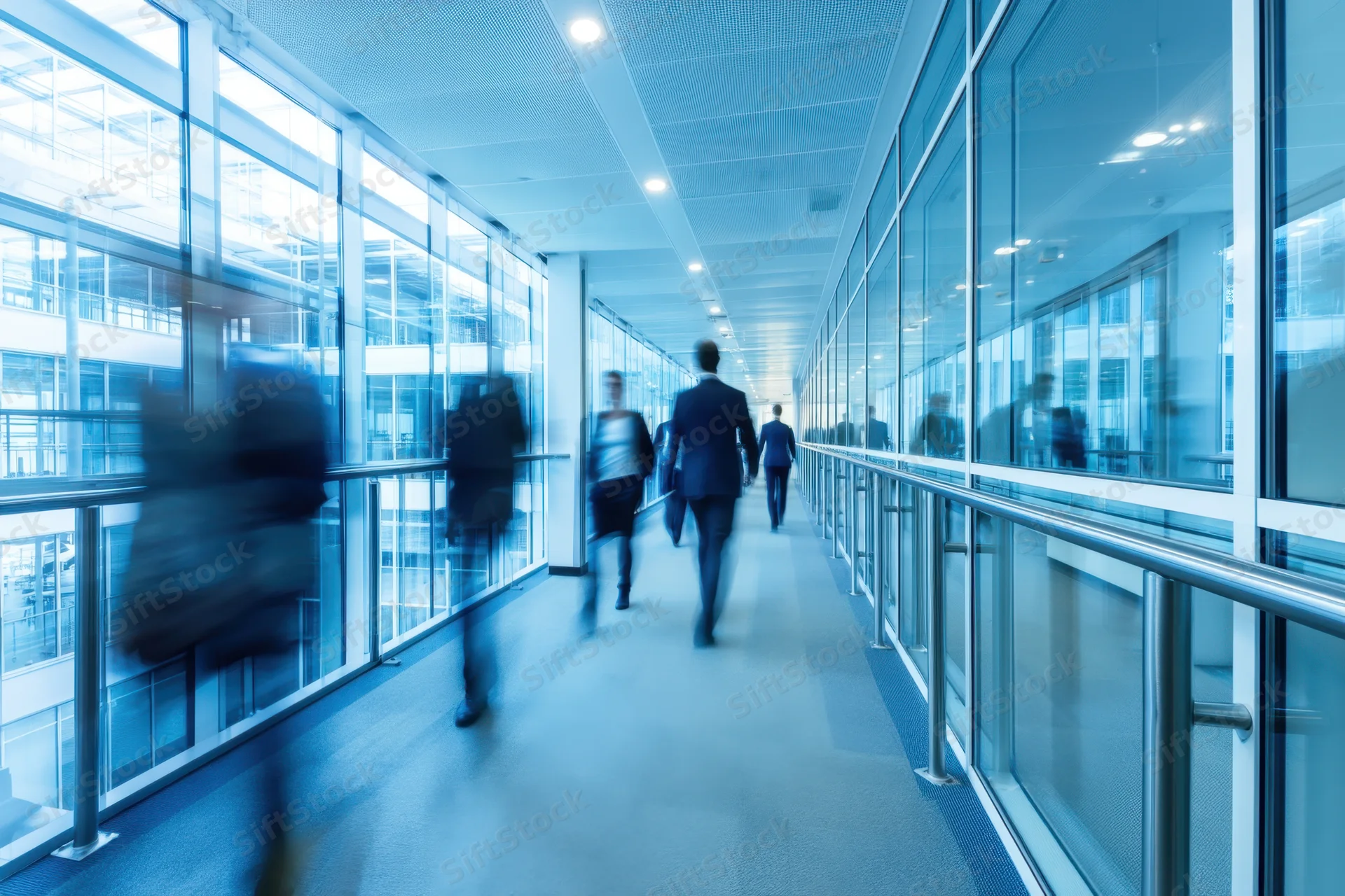 Business professionals walking through a modern glass-walled office corridor