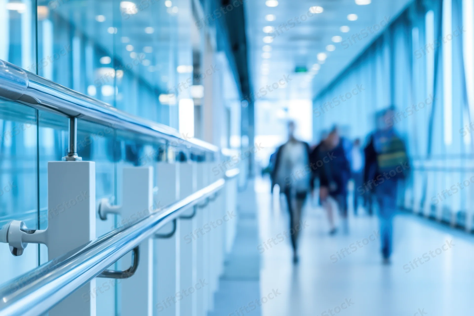 People walking through a modern office atrium with glass walls and white railings