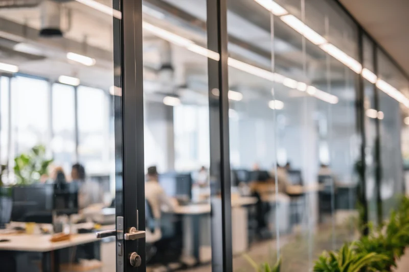 Modern office interior with glass partitions and employees working at desks