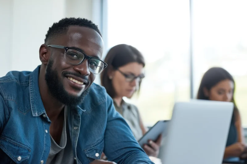Smiling man in denim shirt working at laptop in bright office with colleagues in background