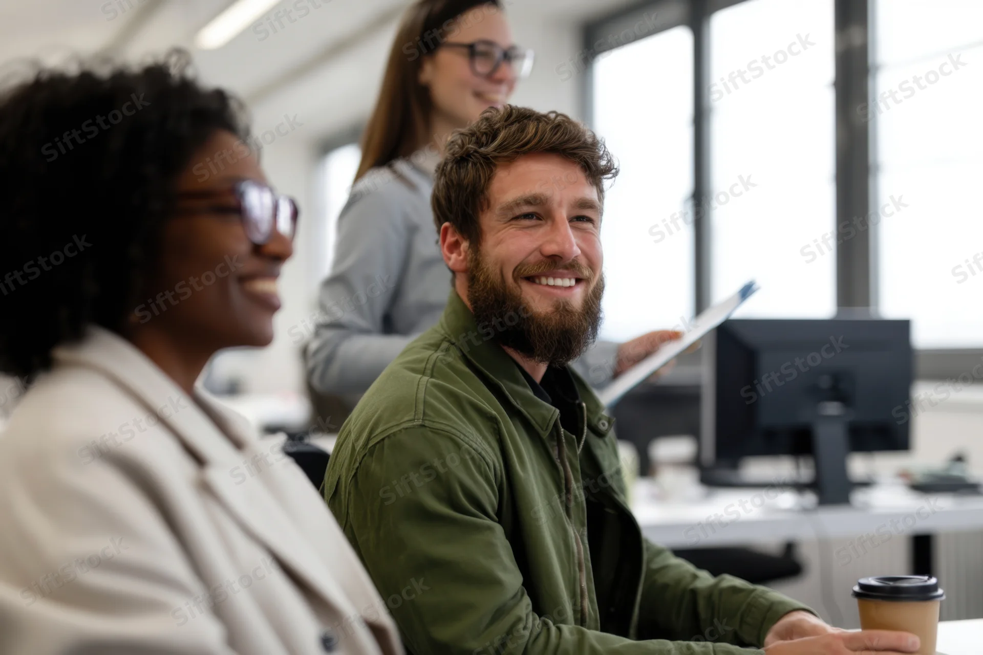 Bearded man smiling with coworkers in a bright modern office