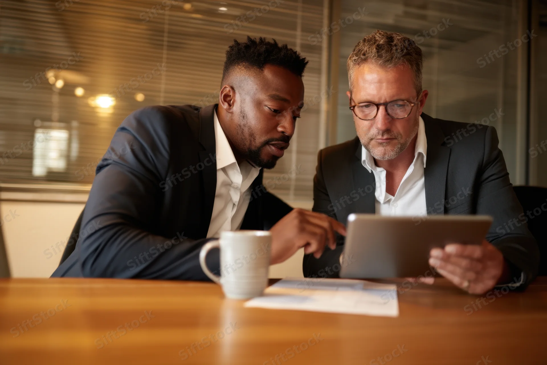 Two men in suits discussing content on a tablet at a wooden conference table