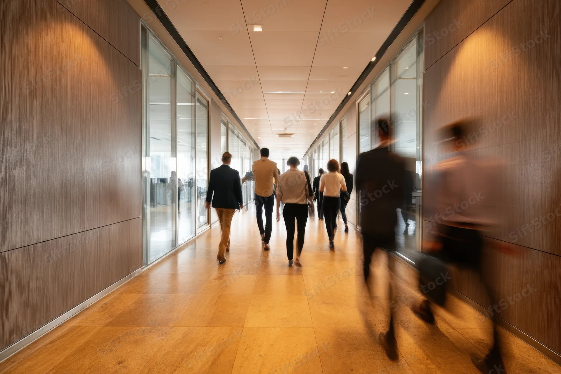 Group of professionals walking down a modern office hallway with motion-blurred figures in the foreground
