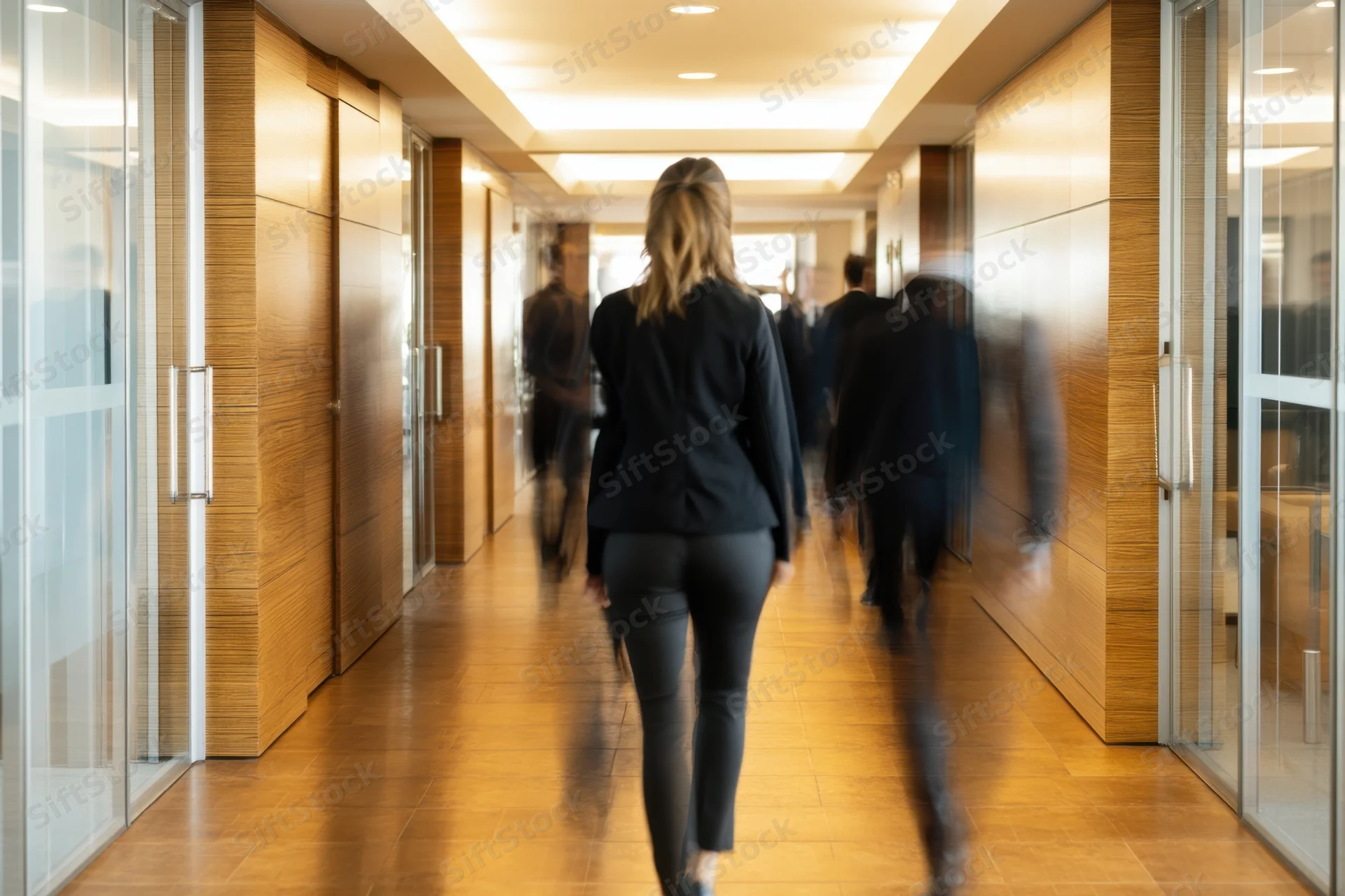 Woman walking down a modern office hallway with motion-blurred pedestrians around her