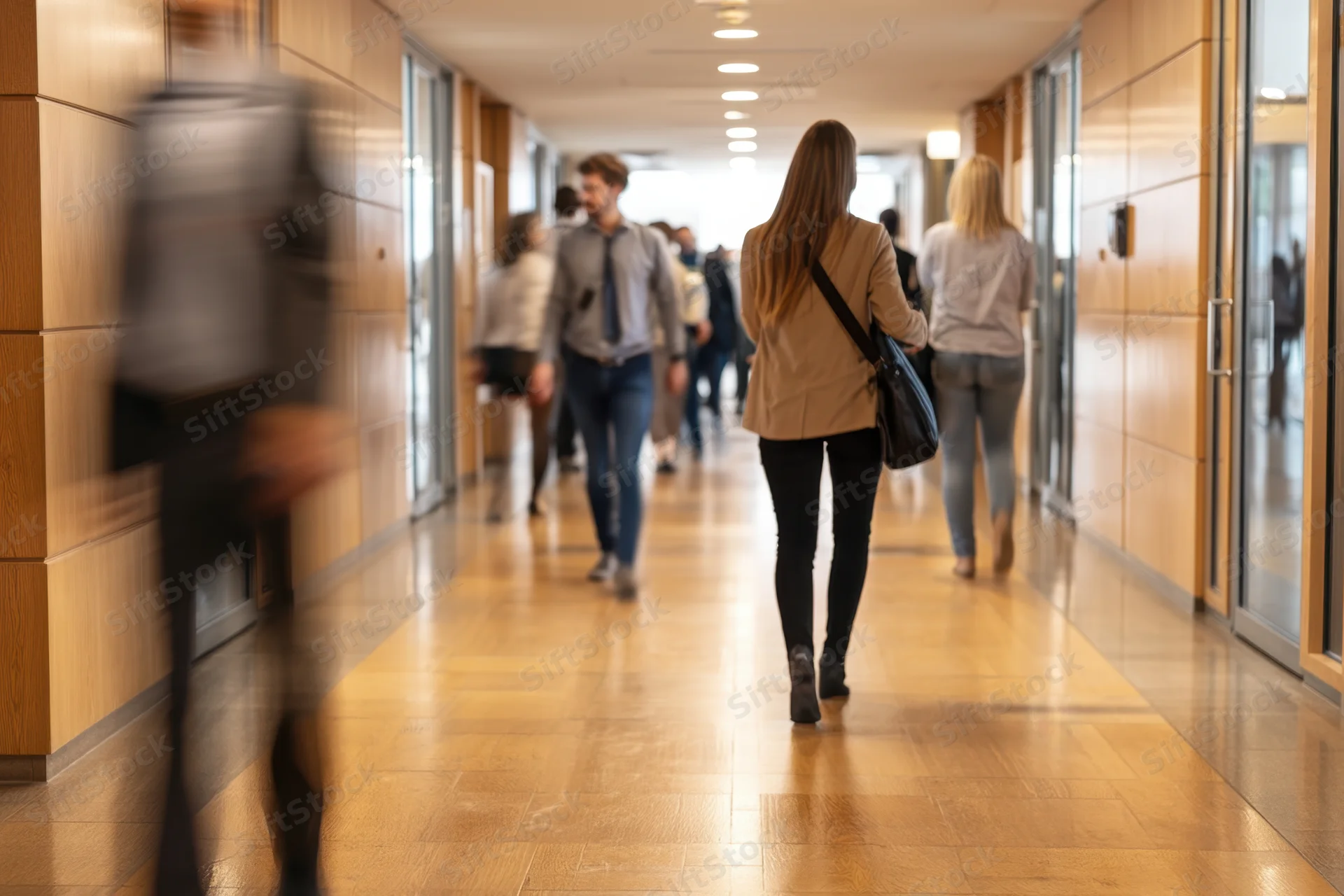 People walking through a modern office hallway with motion blur on the sides