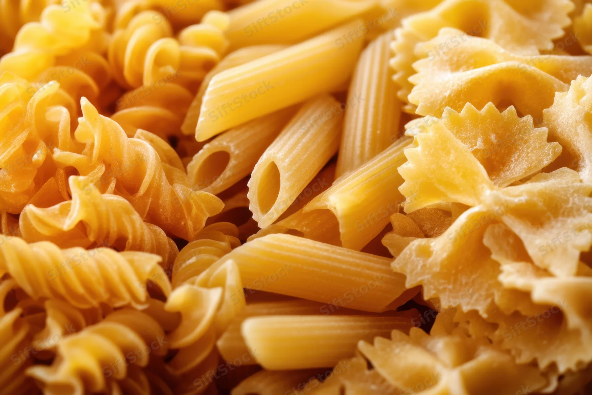 Close-up of fusilli, penne and farfalle dry pasta mixed together