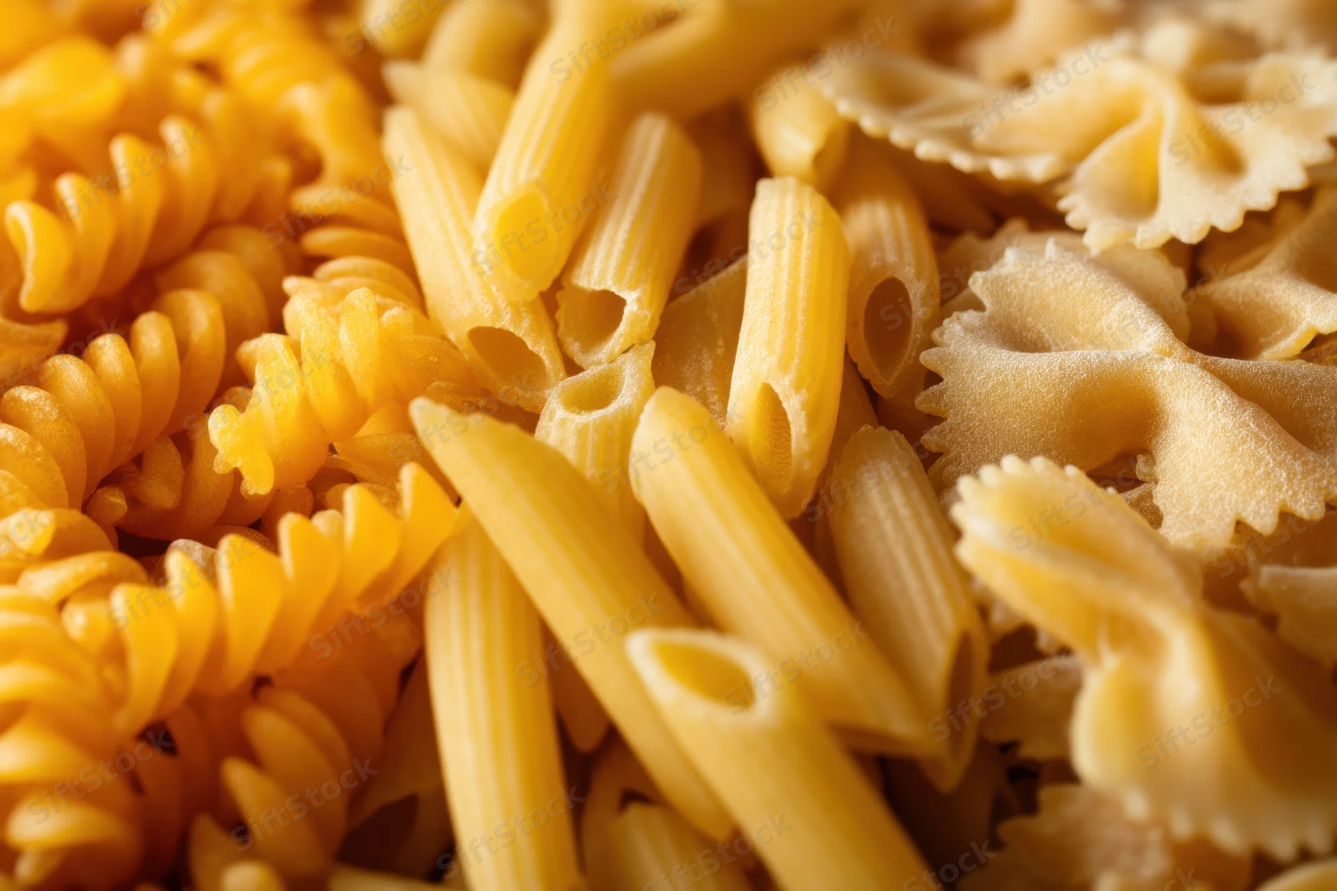 Close-up of fusilli, penne and farfalle dry pasta arranged together