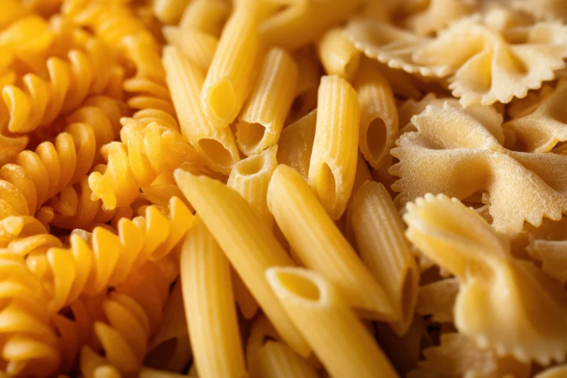 Close-up of fusilli, penne and farfalle dry pasta arranged together