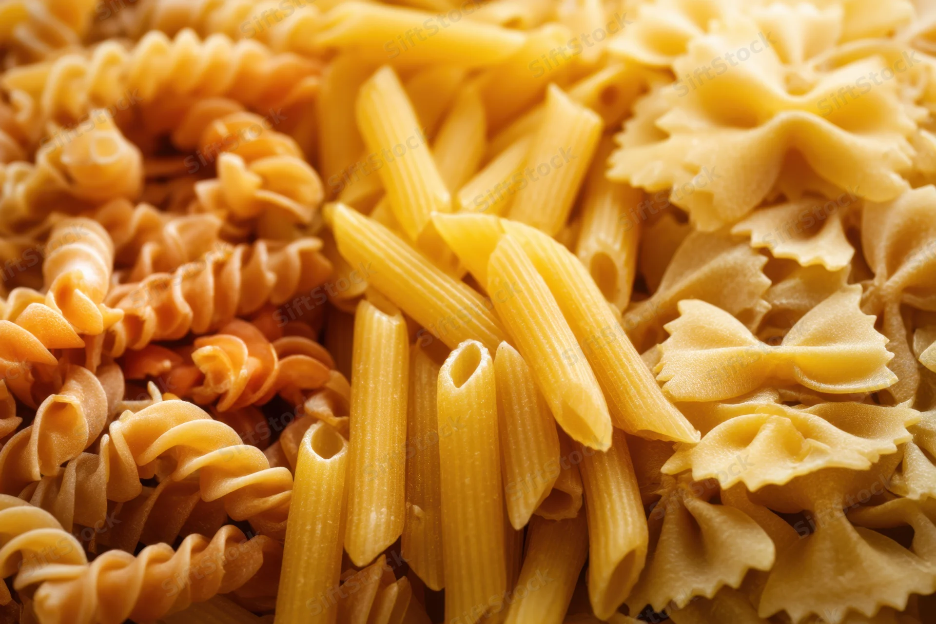 Close-up of fusilli, penne and farfalle dry pasta arranged in a mixed display