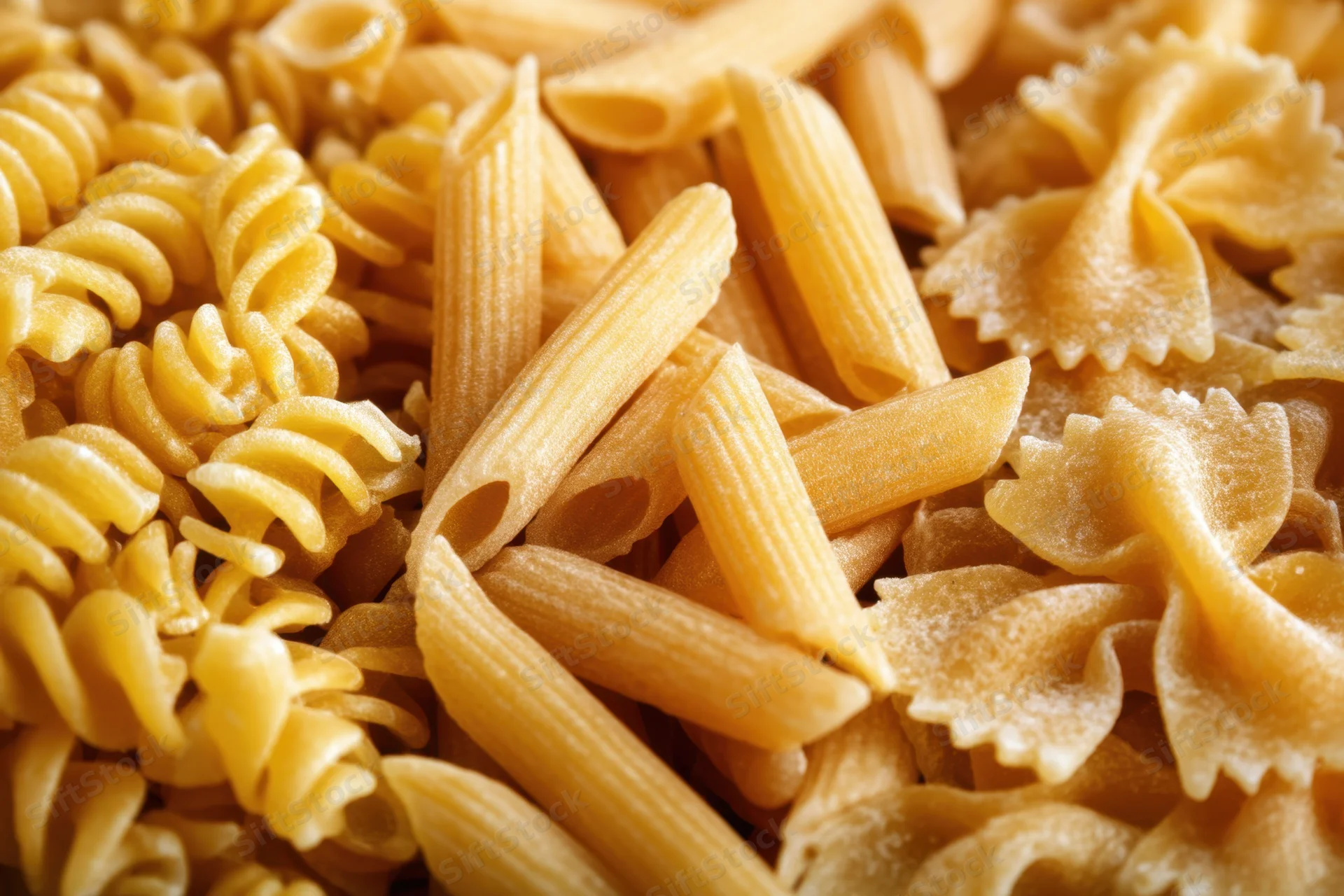Close-up of fusilli, penne and farfalle dry pasta mixed together