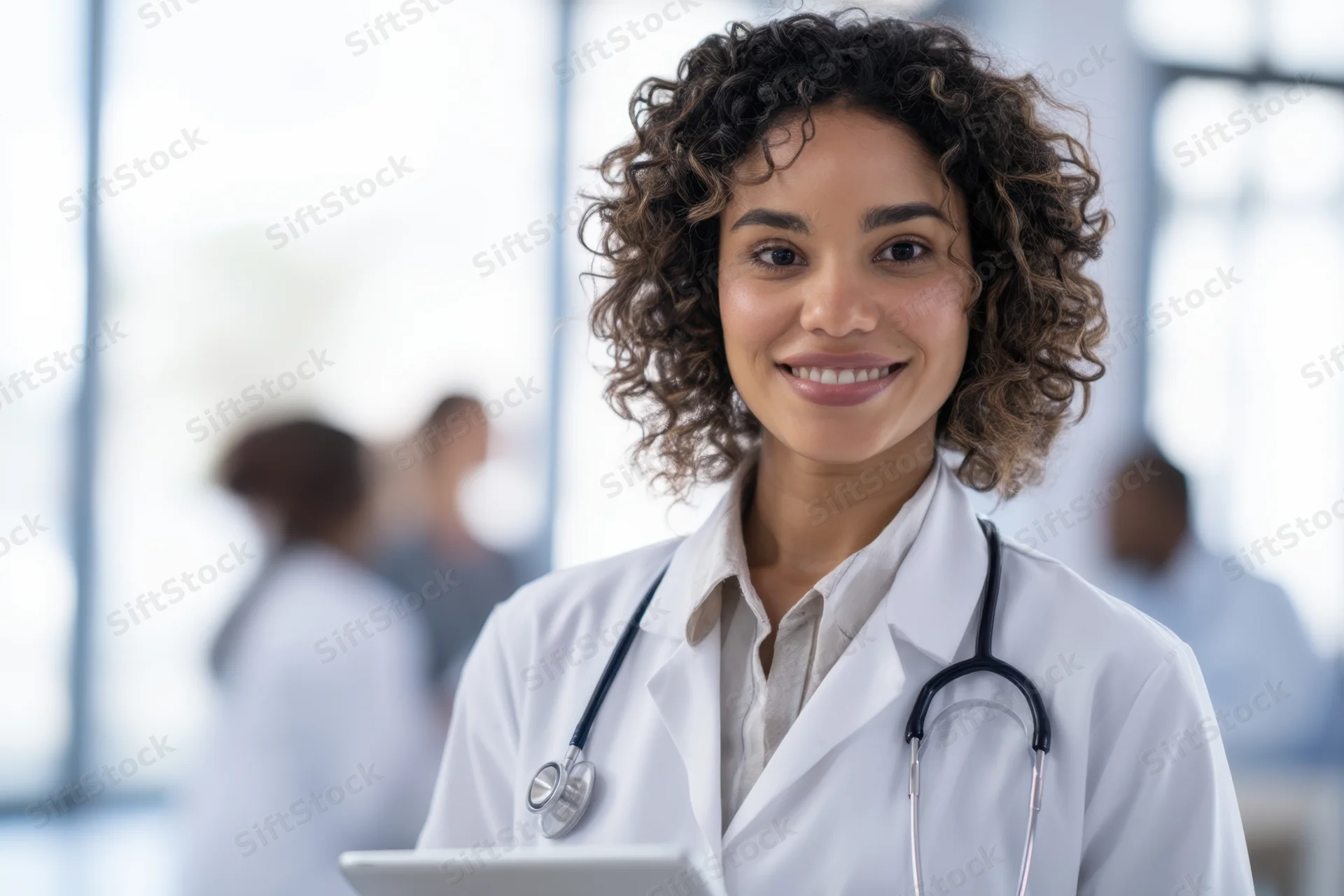 Smiling female doctor in white coat holding tablet in hospital office
