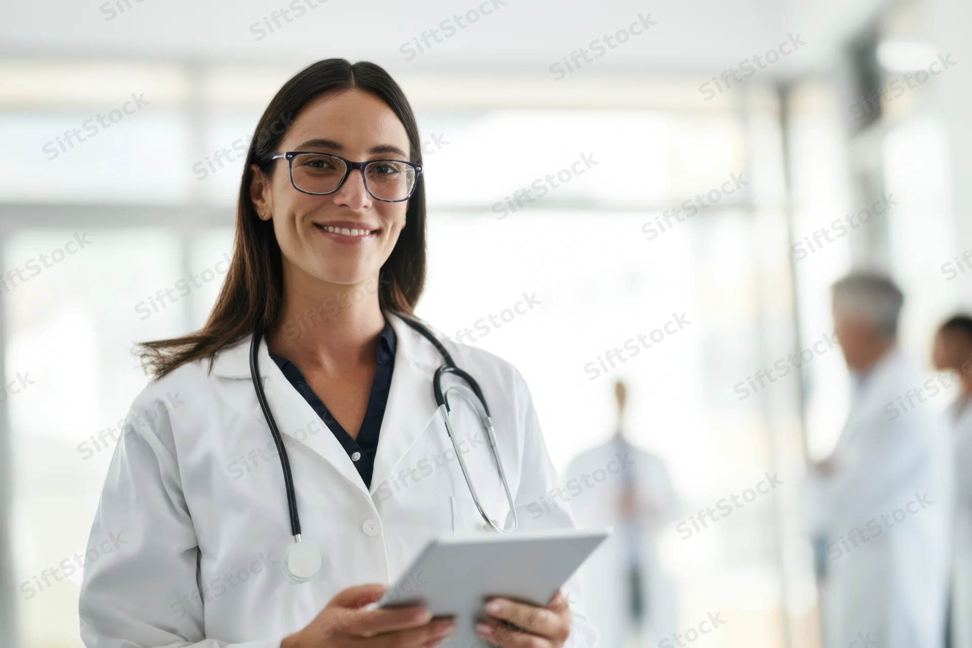 Female doctor in white coat holding tablet and smiling in hospital hallway