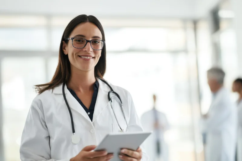 Female doctor in white coat holding tablet and smiling in hospital hallway