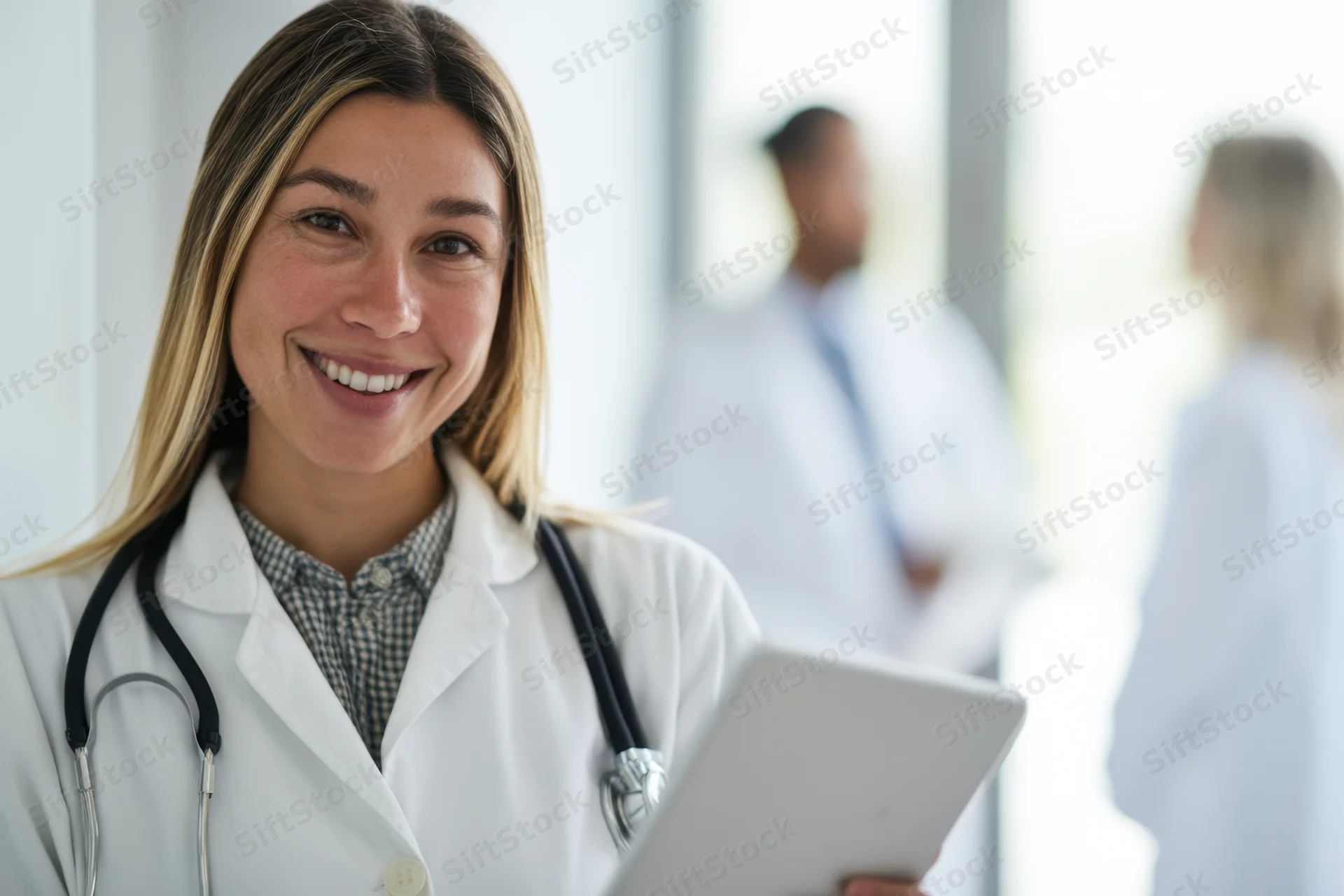 Female doctor smiling while holding tablet in a bright clinic with colleagues in background