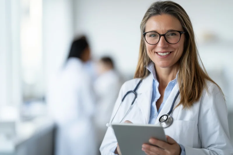 Female doctor in white coat holding tablet and smiling in clinic setting