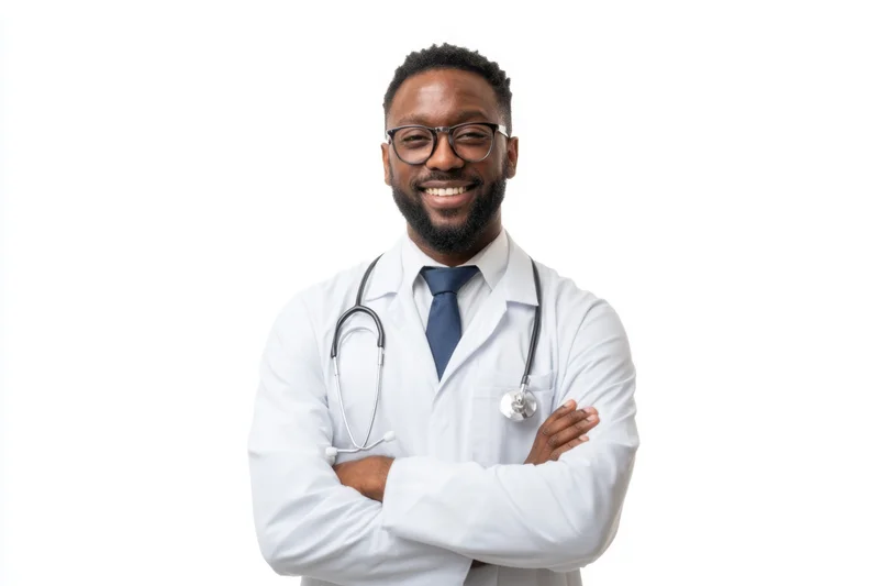 Male doctor in white coat with stethoscope and glasses, arms crossed, smiling, isolated on white background