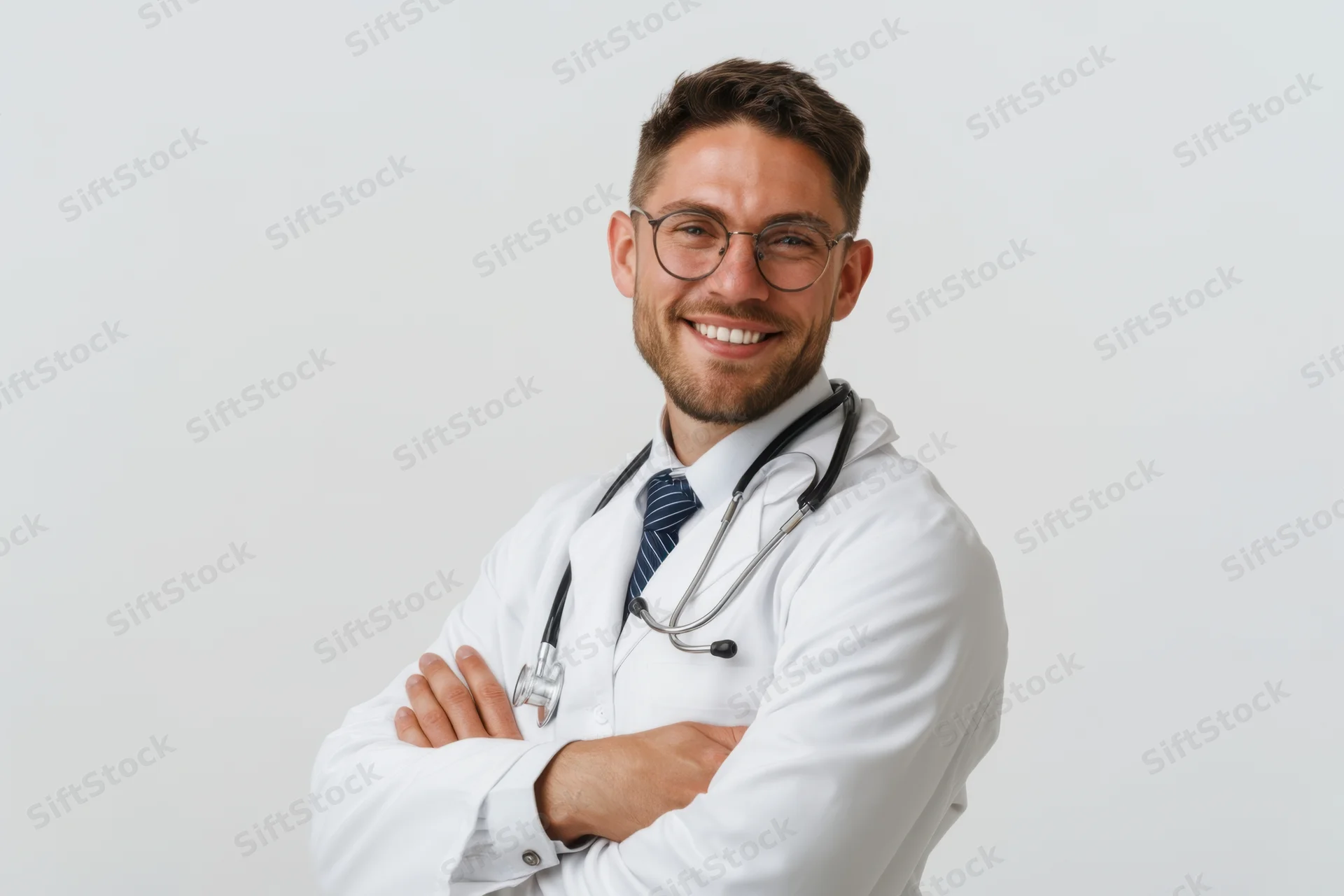 Confident male doctor with glasses and stethoscope, arms crossed, wearing white coat, isolated on white background