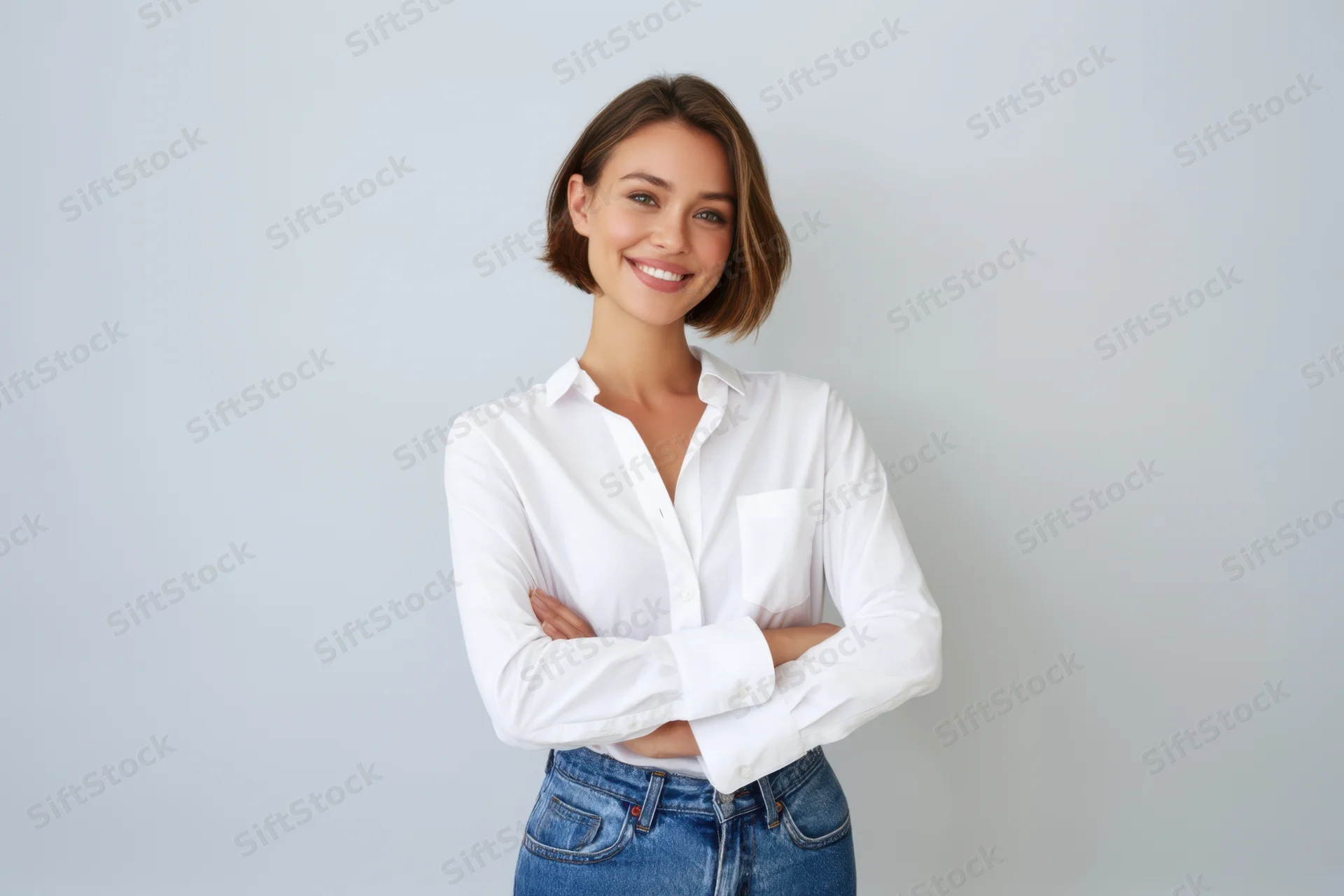 Confident woman with arms crossed smiling in white shirt and jeans against light gray background