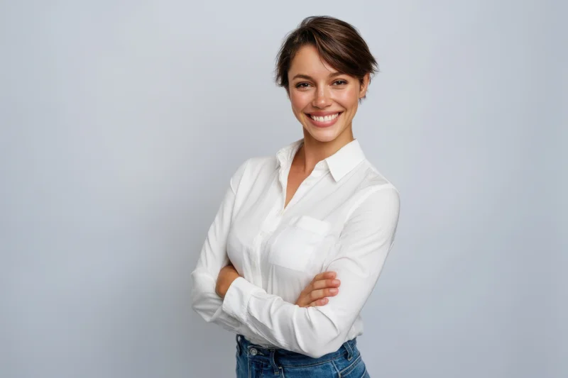 Confident woman smiling with arms crossed in white shirt and jeans against light gray background