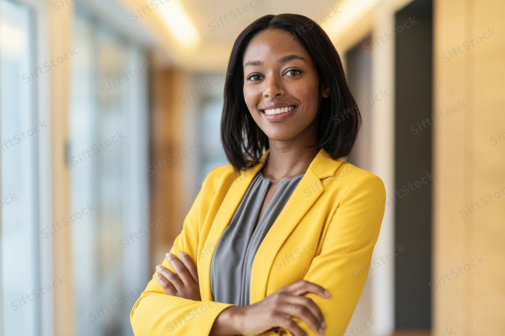 Confident woman in yellow blazer with arms crossed standing in office hallway