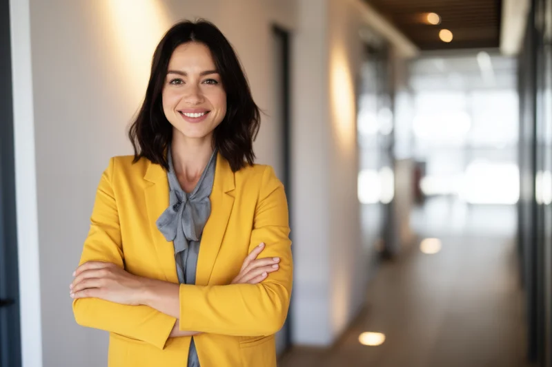 Confident woman in yellow blazer with arms crossed standing in modern office hallway