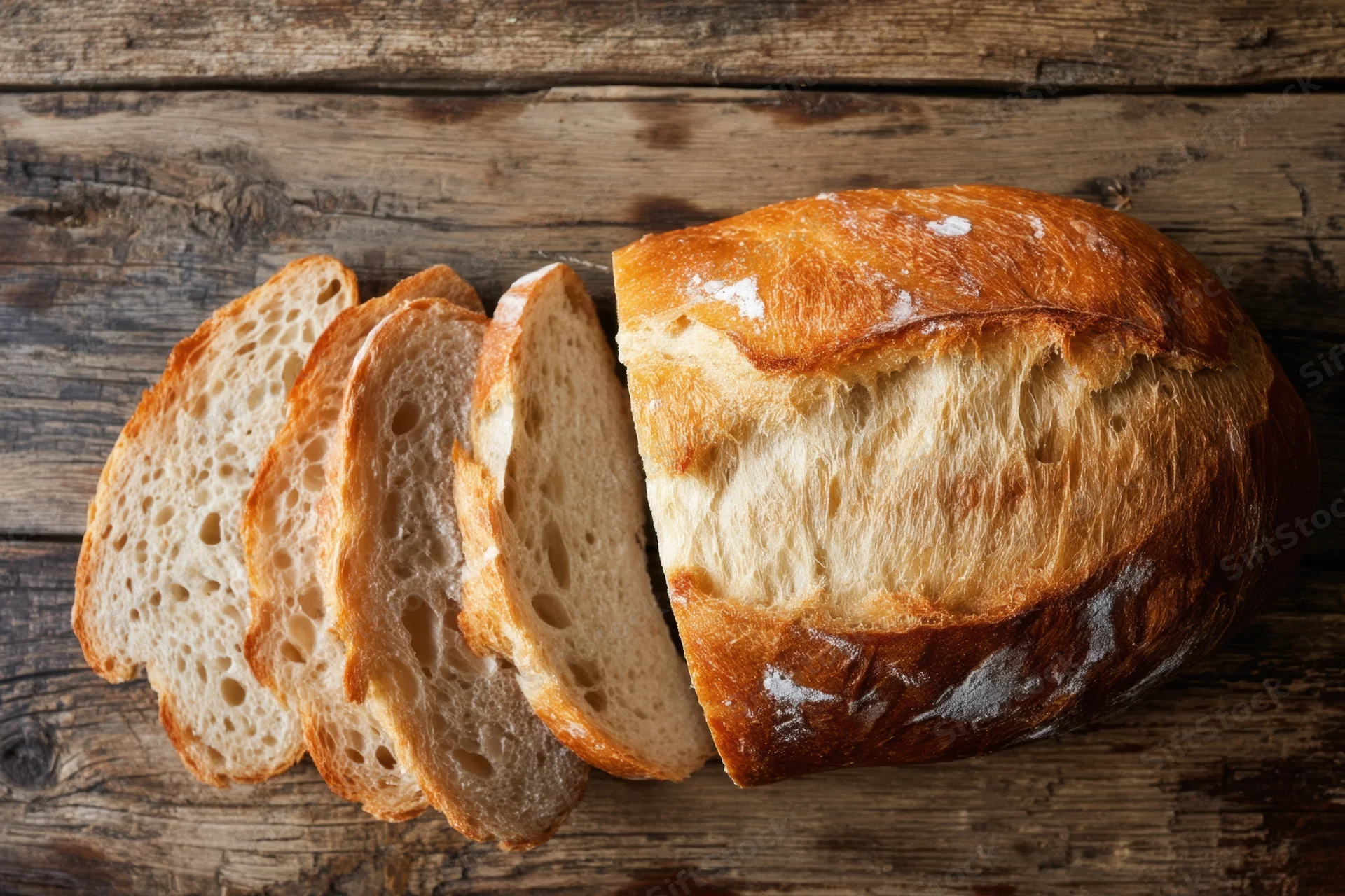 Sliced rustic bread loaf fanned on weathered wooden surface
