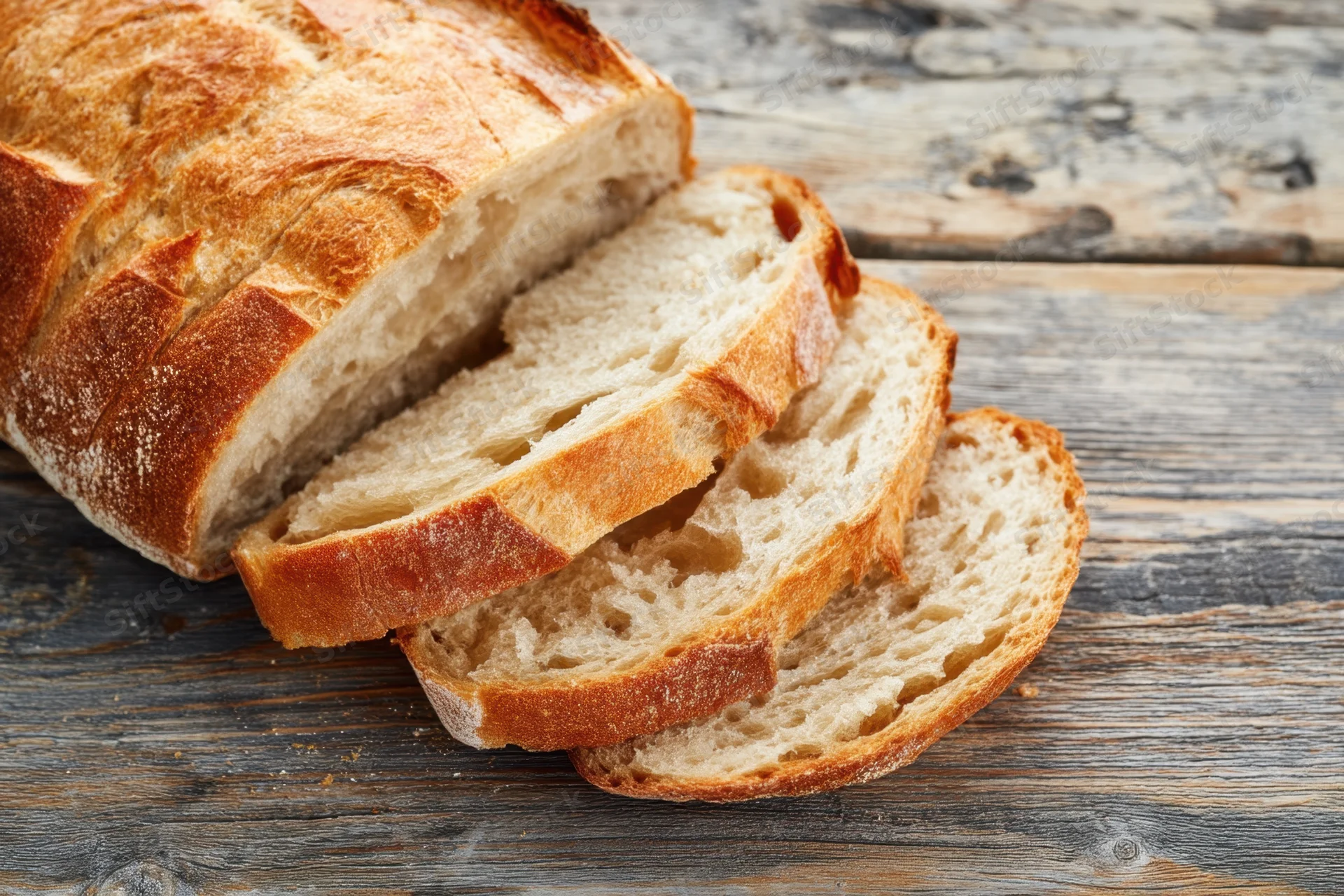 Sliced crusty rustic bread loaf fanned on weathered wooden surface