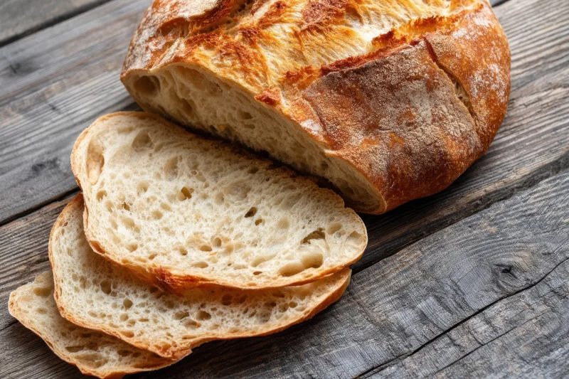 Sliced rustic sourdough loaf with airy crumb on weathered wooden surface