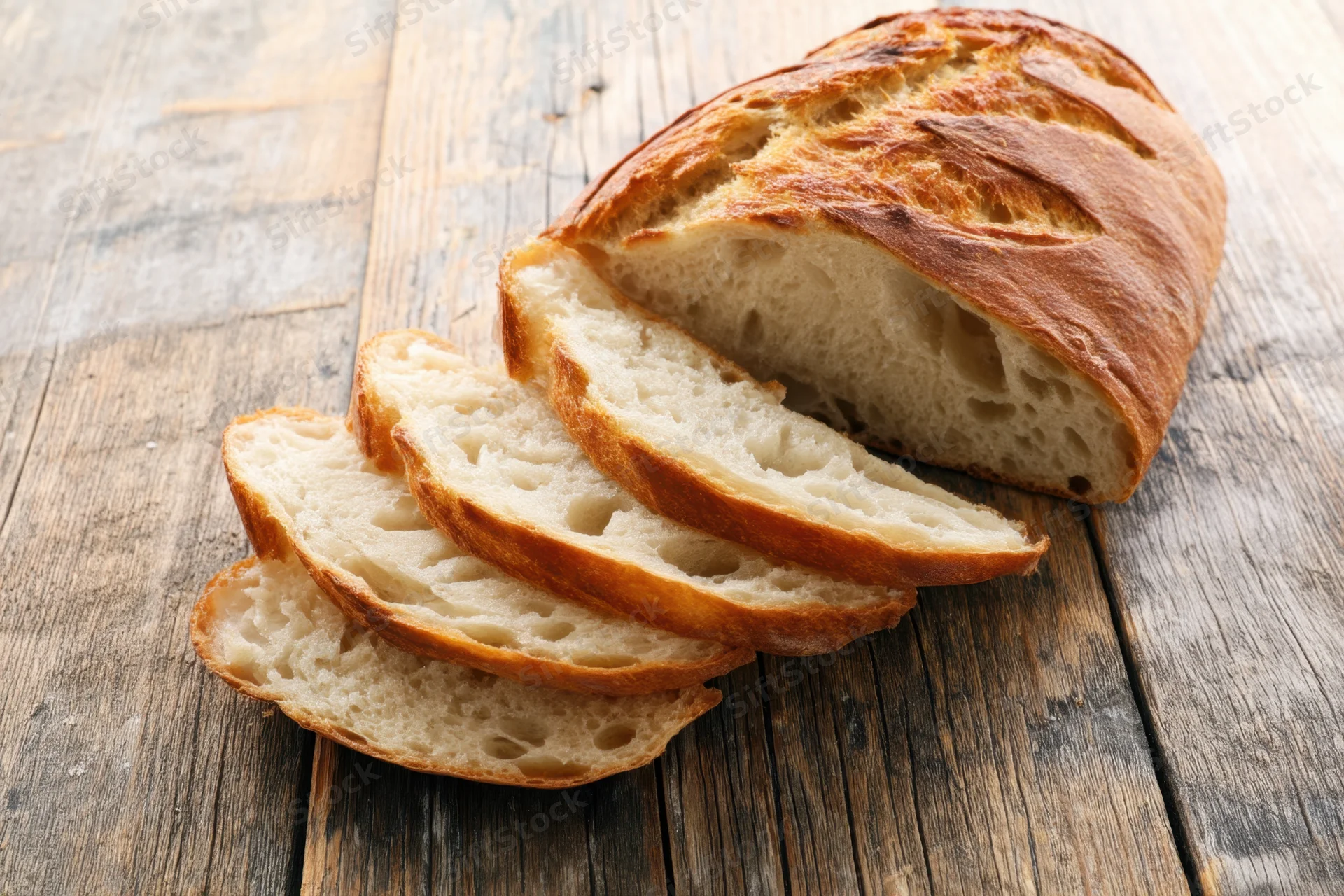 Sliced crusty rustic bread loaf fanned on weathered wooden table